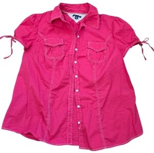 TOMMY HILFIGER Sz 14 collared top  Cap Sleeve Buttons Cotton Spandex Magenta